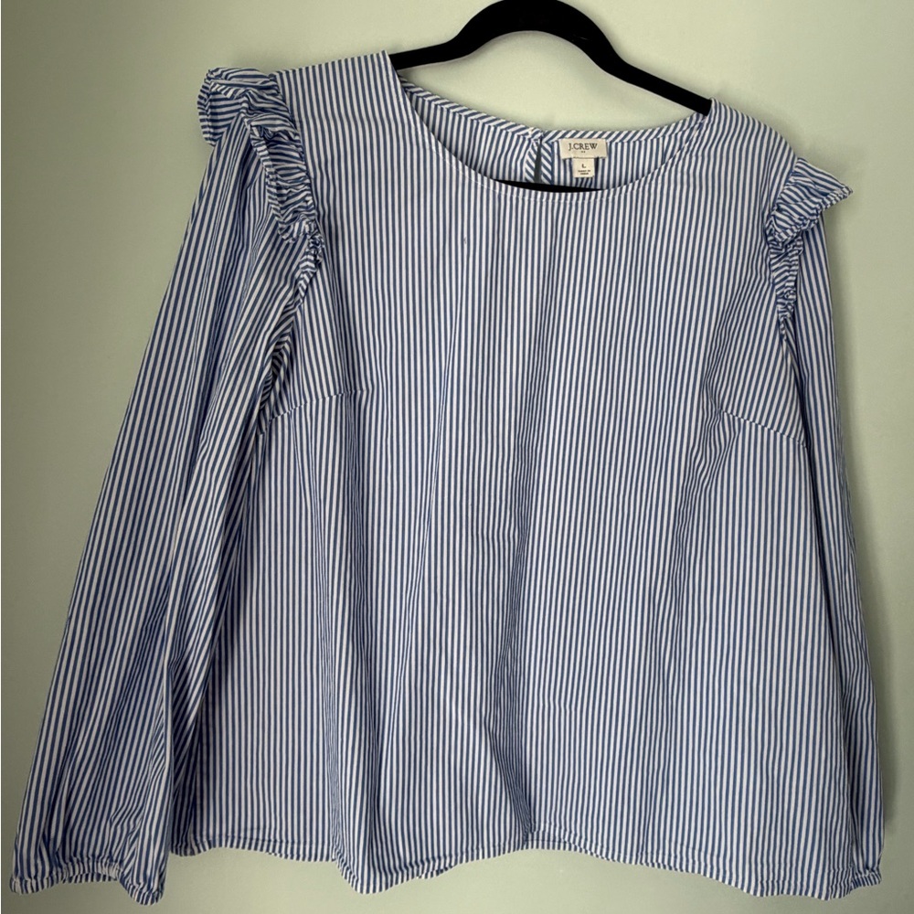 J.Crew Re-Imagined Blue White Stripe Ruffle Shoulder Blouse Size L Cotton Top